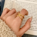Minimalist double layer wavy 18K gold plated adjustable open ring shown on finger - Gold - Double Layer Wave Style (C-411)