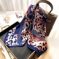 Elegant leopard print silk scarf with navy blue, orange patterns and dotted details - Navy Blue Orange Leopard Patchwork (FJ520-3)