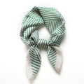 Detail of green and white striped satin square scarf tied in a stylish knot - Green and White Geometric Stripe Style (FJ599-2)