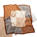 Elegant polka dot and block pattern square silk scarf displayed on a white cardigan - Satin Brown and Beige Color Block Polka Dot Style (FJ605-2) / 70x70cm