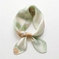 Close-up of silk square scarf tied in a bow with green and beige oil painting pattern - Green and Brown Waterbrush Gradient Style (FJ628-2)