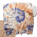Tie-dye oil painting style silk scarf in blue and orange displayed on beige knitwear - Blue and Orange Interwoven Tie-Dye Style (FJ628-3)