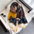 Elegant cotton linen scarf with vintage chain patterns and stylish color block design - Yellow Coffee Stitching (YM229-1)
