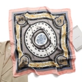 Detail of silk-feel scarf featuring vintage chariot patterns and golden baroque scrollwork - Square Style / Pink (FJ611-4)