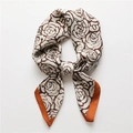 Detail of silk square scarf featuring dark brown rose pattern and orange stitched edges - Brown and White Rose with Orange Border (FJ627-4) / 70x70cm