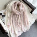 Pink and beige large scarf with geometric chain pattern draped over a white sweater - Pink (YM225-1)