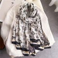 Luxurious white cotton linen scarf with floral equestrian print and black border detail - White Feather Floral Style (YM237-1)