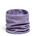 Detail of light purple knitted neck gaiter showing ribbed texture and cable patterns - Purple