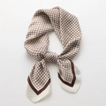 Macro detail of checkered silk scarf showing brown plaid pattern and soft texture - Dark Brown Fine Grid Style (FJ617-4) / 70x70cm