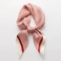 Minimalist red and white grid silk scarf with elegant wide border styling - Red Fine Grid Style (FJ617-5) / 70x70cm