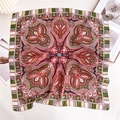 Detail of silk-feel square scarf with classic red and green paisley bohemian patterns - Red Green Ivory Paisley Pattern (FJ640-2) / 70x70cm
