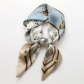 Luxury square silk scarf featuring a classic horse carriage print in blue and champagne - Light Blue Champagne Patchwork (FJ613-2)