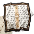 Detailed pattern of luxury silk scarf with orange horse carriage prints on white fabric - White Orange Black Patchwork (FJ613-4)