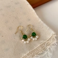 Detail of vintage emerald green bead earrings with freshwater pearls and gold plated hooks - Emerald Pearl Style
