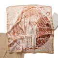 Detail of vintage square silk scarf with floral bird patterns and La Papesse text - Beige and Brownish Red Court Style (FJ622-1)
