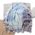 Detail of vintage building and heraldic print on blue and white silk scarf with lavender edge - Blue and White Vintage Architecture (FJ630-1)