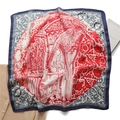 Detailed close-up of retro floral and bird silk scarf featuring La Papesse pattern - Red and Blue Ribbon Floral (FJ630-2)