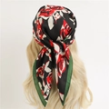 Elegant vintage rose print silk scarf tied on long hair with black and red floral pattern - Black Red White Rose Contrast Style (FJ625-2)