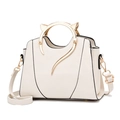Chic beige PU leather tote bag with unique golden cat-ear metal handles and shoulder strap - Off White