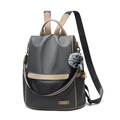 Dark gray waterproof nylon backpack for women with khaki trim and fluffy ball pendant - Gray