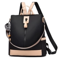 Black waterproof nylon backpack for women with striped strap and grey pompom keychain - Black and Khaki