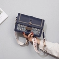 Navy blue crossbody bag with tweed panel and boho embroidered wide shoulder strap - Blue