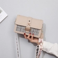 Beige woven tweed crossbody bag with gold flower buckle and wide jacquard strap - Khaki
