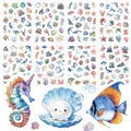 Adesivi oceanici laser blu con animali marini ad acquerello e disegni di coralli - Set di adesivi flash vita marina