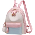 Mini zaino patchwork rosa e blu da donna con ciondolo a forma di palla di pelo - Rosa