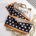 Narrow silk scarf with contrast floral and houndstooth patterns in a vintage tray - Navy Floral And Orange Black Houndstooth (LJ21-H115)