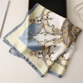Elegant baroque silk scarf with gold scroll patterns and blue geometric accents - Haze Blue Gold Baroque Print (FJ586-1) / 70x70cm