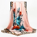 Silky pink floral scarf with leopard print border and elegant rose pattern 90cm - Pink (FT194-1)