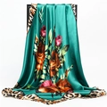 Emerald green silk scarf with red rose pattern and leopard print border, 90cm square wrap - Emerald Green (FT194-2)