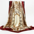 Detail view of burgundy satin scarf with golden chain print and equestrian pattern - 90*90cm / Wine Red (FT201-1)