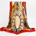 Close-up of luxury satin square scarf with chain print and glossy silk texture - 90*90cm / Red Blue (FT201-3)