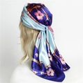 Elegant silk scarf with pink cherry blossom print and blue color-blocking on 90cm square wrap - Blue/Light Blue Patchwork Cherry Blossom Style (FT195-1)