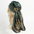 Elegant dark green satin scarf with yellow leopard print border and floral patterns - Dark Green Leopard Floral (FT199-1)