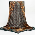 Detailed view of dark green satin scarf with golden Baroque patterns and smooth texture - Dark Green Baroque Scroll (FT200-1)