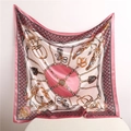 Detail view of 90x90cm satin square scarf with vintage golden chains and equestrian motifs - Pink Rice White Equestrian Chain (FT229-5T)
