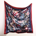 Detail showing the floral print and satin texture of the navy blue square silk scarf - Navy Blue Complex Floral (FT238-1T)