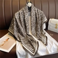 Elegant brown floral silk scarf with white border draped over a white T-shirt - Brown White Floral Style (FN72-2) / 90x90cm