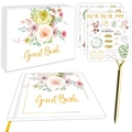 Wedding Guest Book Set with Floral Hardcover, Gold Foil Stickers, and Diamond Top Pen - Elegant Pink Rose Style (TZ01-E)