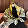 Artistic oil painting silk scarf 90cm square wrap with floral pattern and camellia pin - Abstract Oil Painting Artistic Floral - Light Green Yellow Purple (FN84-1) / 90x90cm
