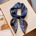Navy and brown paisley silk scarf displayed on a beige board with fashion magazine - Navy Blue & Coffee Paisley Patchwork (FJ561-1)