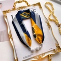 Luxurious silk scarf necklace with horse print and rhinestone ball charms in deep blue - Navy Ginger Color Block Equestrian (LN-19)