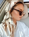 Baroque floral silk satin square scarf in beige and gold worn as a stylish headscarf - Coffee Gold Baroque Style Pattern (FT237-2T)