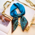 Elegant blue silk scarf with heart check pattern displayed on a vintage gold tray - Fresh Lake Blue Heart Check Splicing (FJ571-2)
