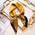 Elegant yellow silk scarf with heart pattern tied in a bow on a luxury tray with pearls - Bright Yellow Vintage Heart Pattern (FJ571-3)