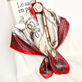 Elegant 90x90cm red and beige silk satin scarf with gold chain and tassel patterns - Red Rice White Equestrian Chain (FT229-2T)
