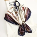 Classic silk-like square scarf 90x90cm with vintage navy blue equestrian harness print - Navy Rice White Equestrian Chain (FT229-3T)